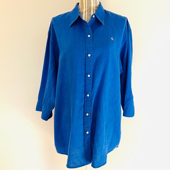 Lauren Ralph Lauren 100% Linen Shirt Women’s XL Blue Button Long Sleeves - Picture 1 of 9